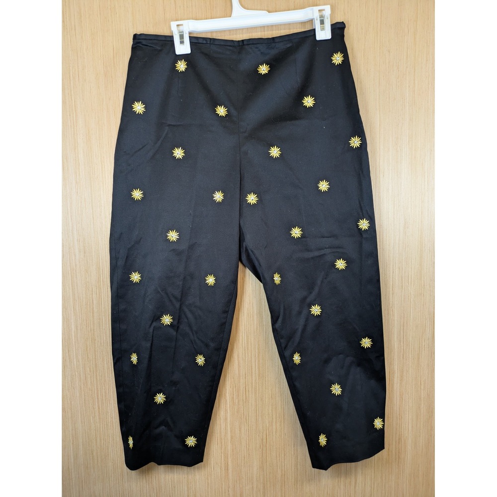 Talbots Petites 14P Black Embroidered Floral Sunburst Cropped Pants Side Zip